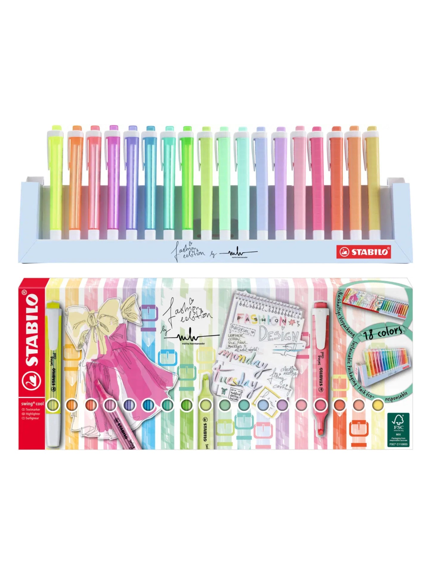 SET DESTACADOR STABILO SWING COOL 18und + CAJA BASE